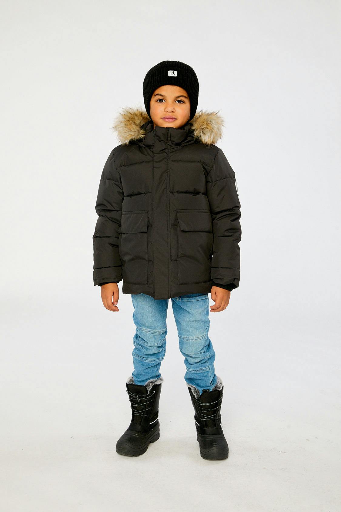 Winter Jacket with Faux-Fur Hood Black
