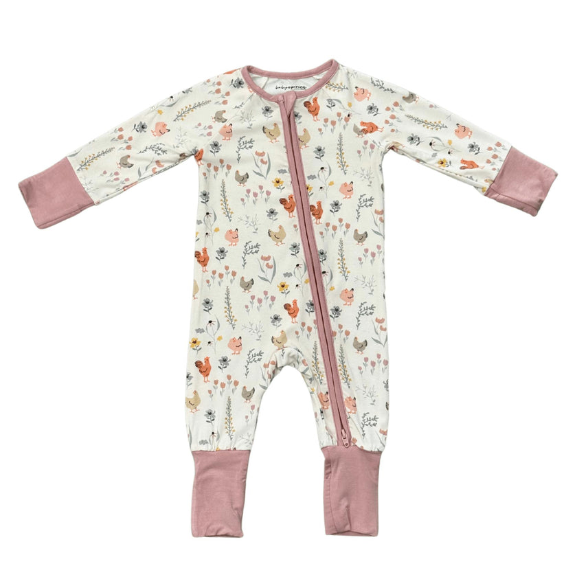 Baby Girl Long Sleeve Zip Romper in Floral Chicken