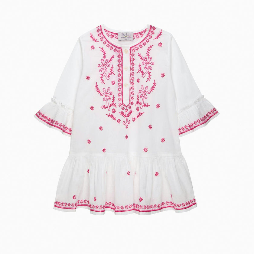 Embroidered Kaftan in White/Fuchsia