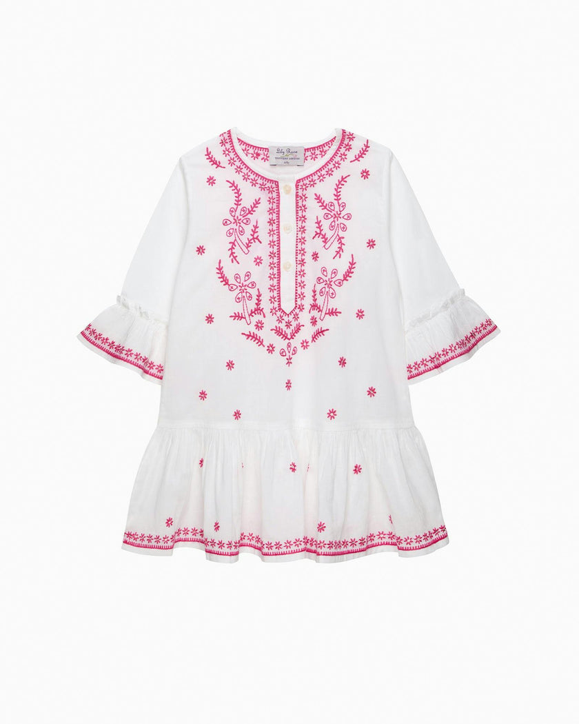 Embroidered Kaftan in White/Fuchsia