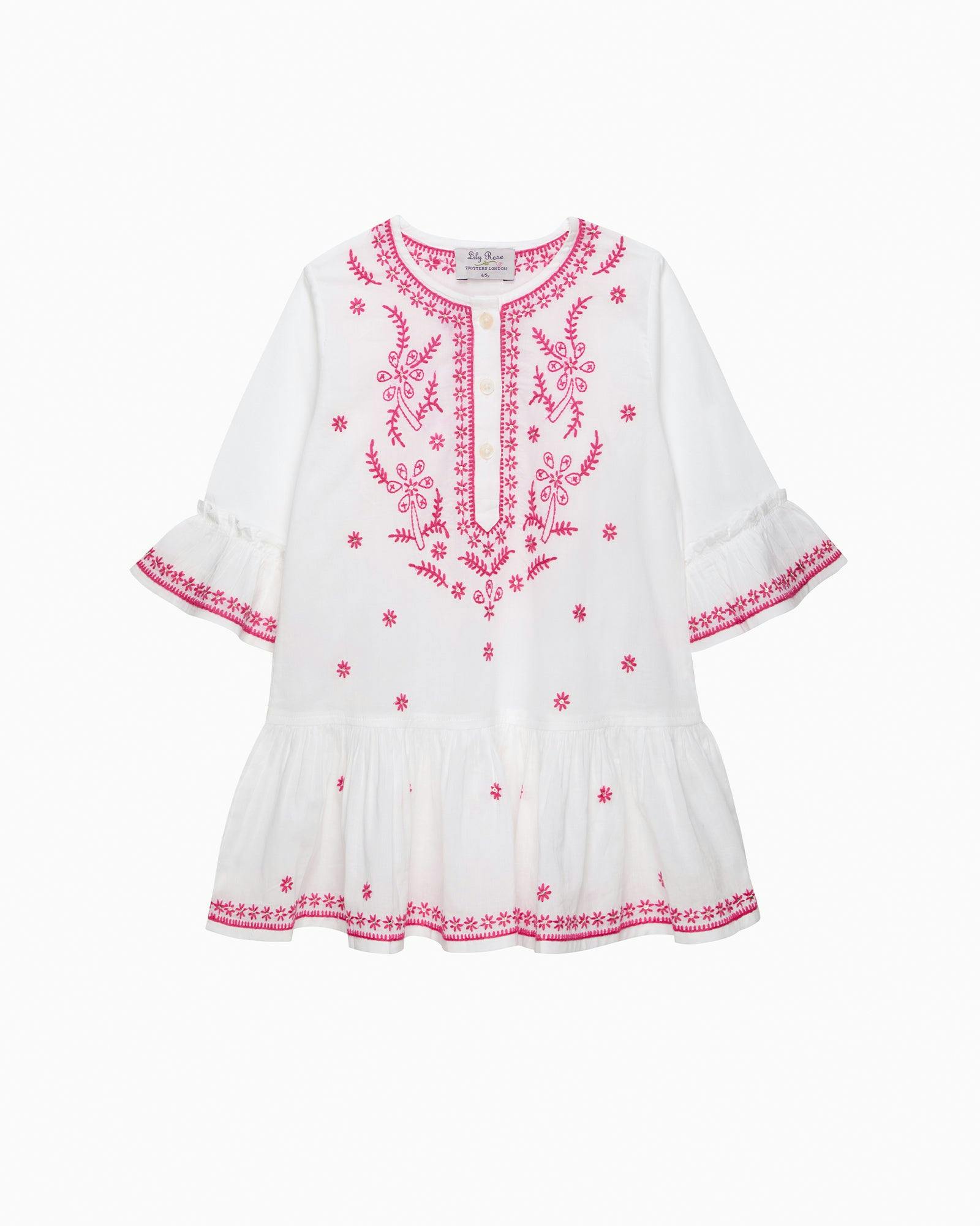 Embroidered Kaftan in White/Fuchsia