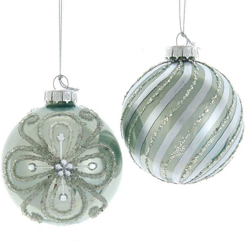 80MM Silver and Pale Aqua Embellished Ball Ornaments