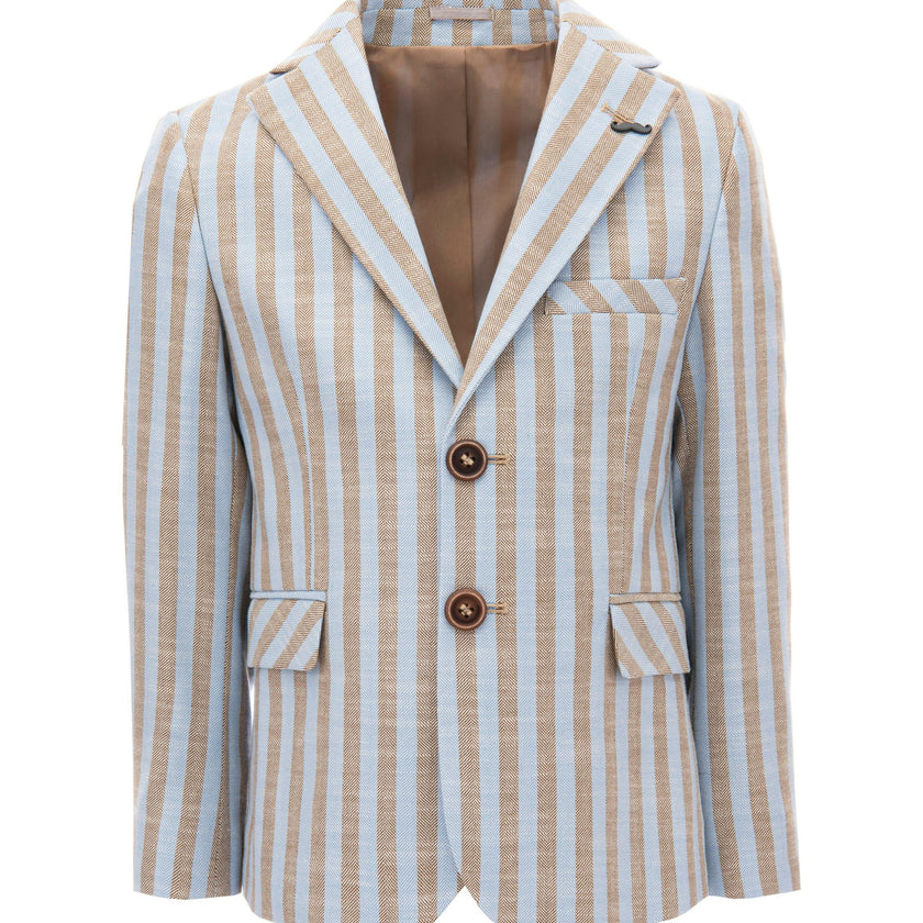Beige Striped Peak Lapel Blazer