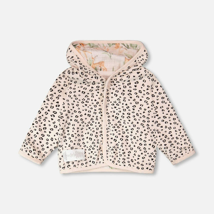 Muslin And Organic Cotton Jersey Reversible Hooded Jacket Peach Deer/Leopard Print