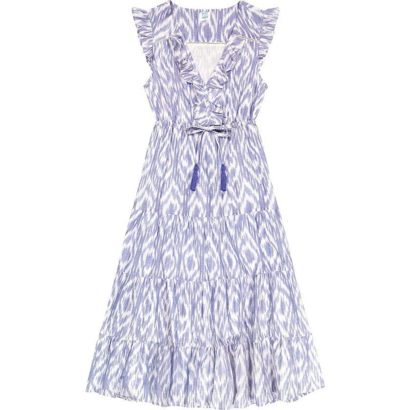 Women's Giselle Ruffle V-Neck Ikat Maxi Dress, Blue