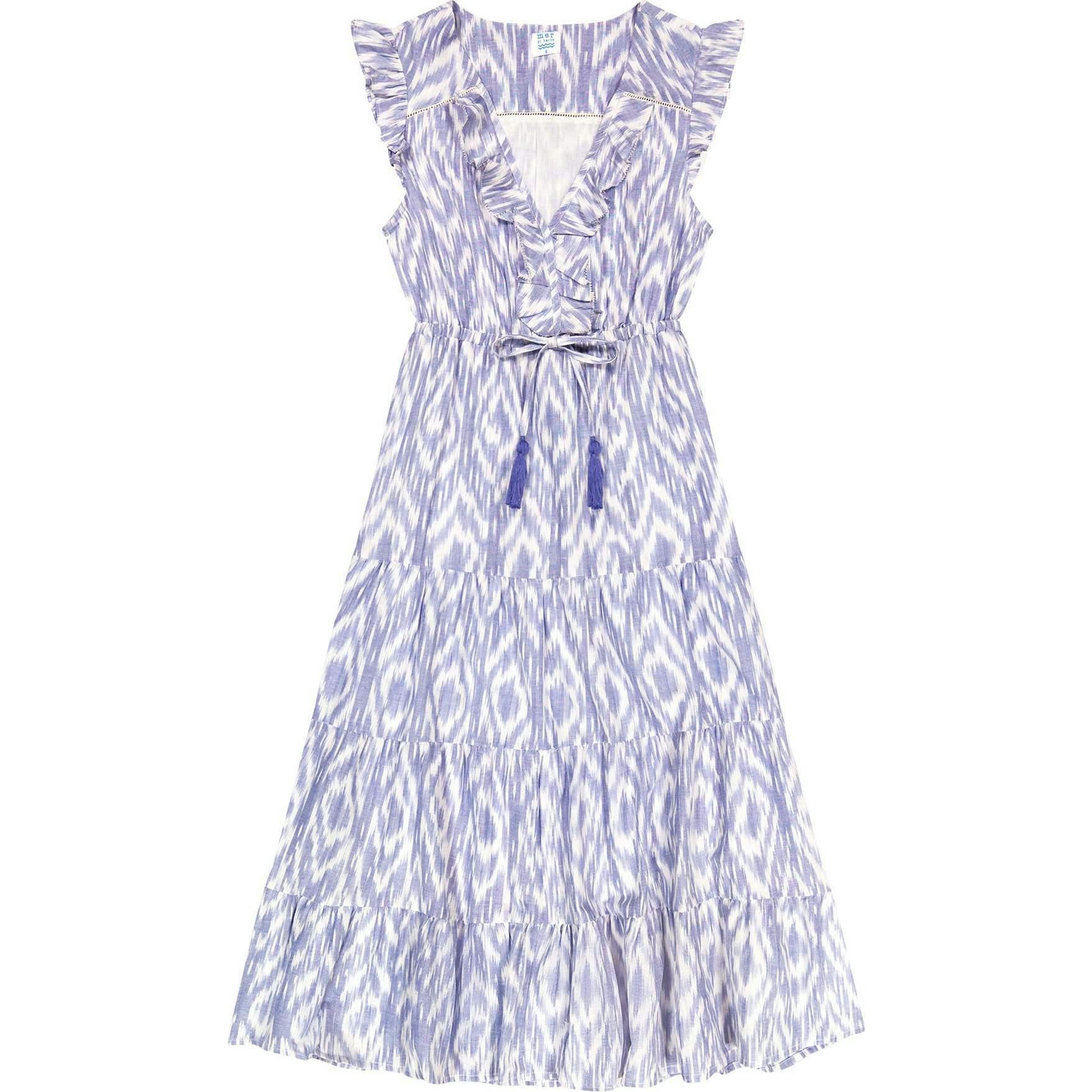 Women's Giselle Ruffle V-Neck Ikat Maxi Dress, Blue