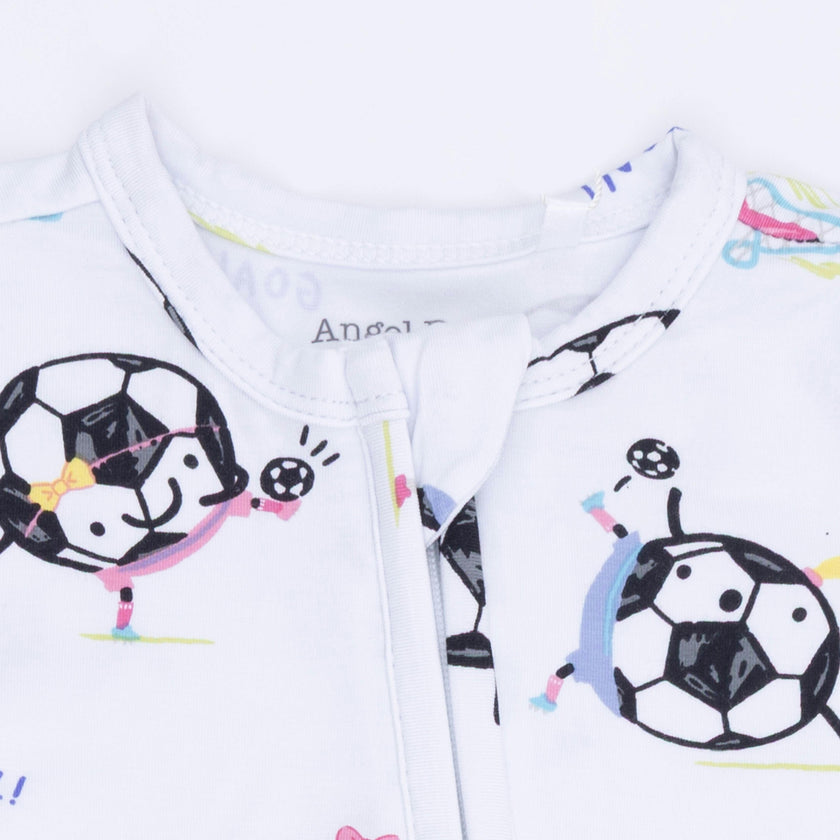 Soccer Balls Playing Soccer Pink - 2 Way Ruffle Back Zipper Footie