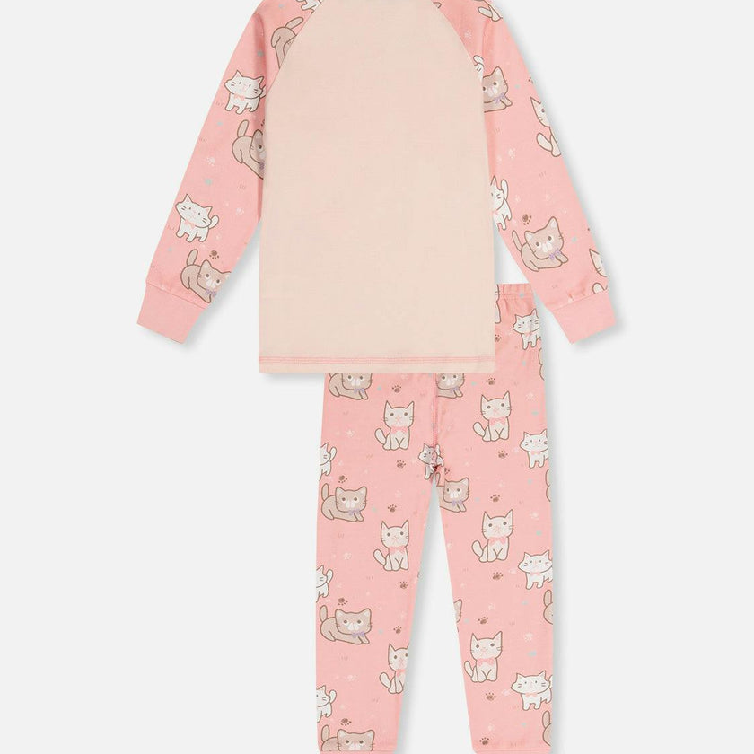 Organic Cotton Two Piece Pajama Set Pink Cat Print