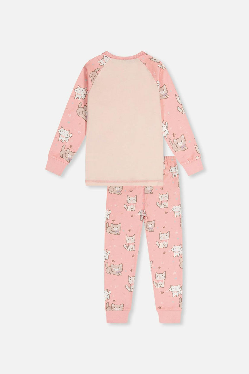 Organic Cotton Two Piece Pajama Set Pink Cat Print