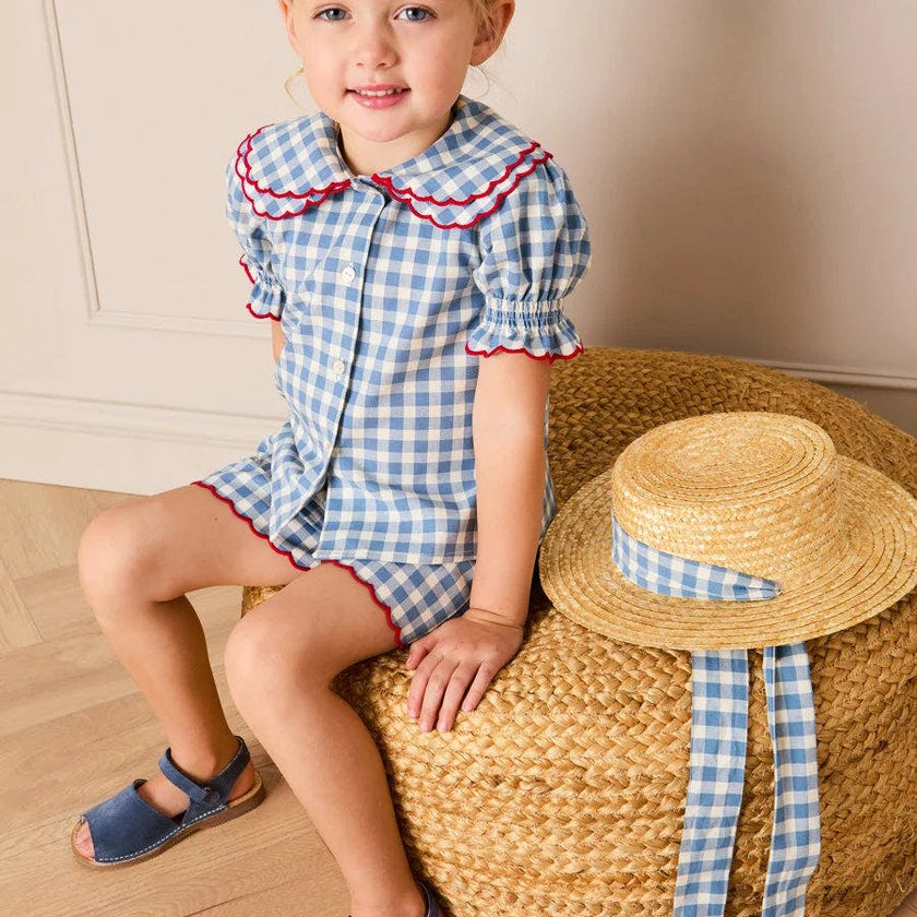 Darby Gingham Straw Boater Hat in Blue (M-L)