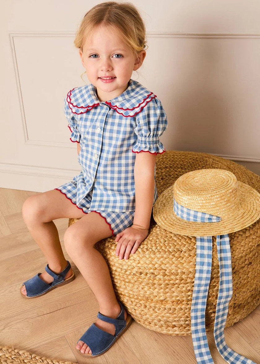 Darby Gingham Straw Boater Hat in Blue (M-L)