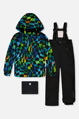 Two Piece Play Snowsuit Green Yellow And Blue Checkerboard With Black Pants