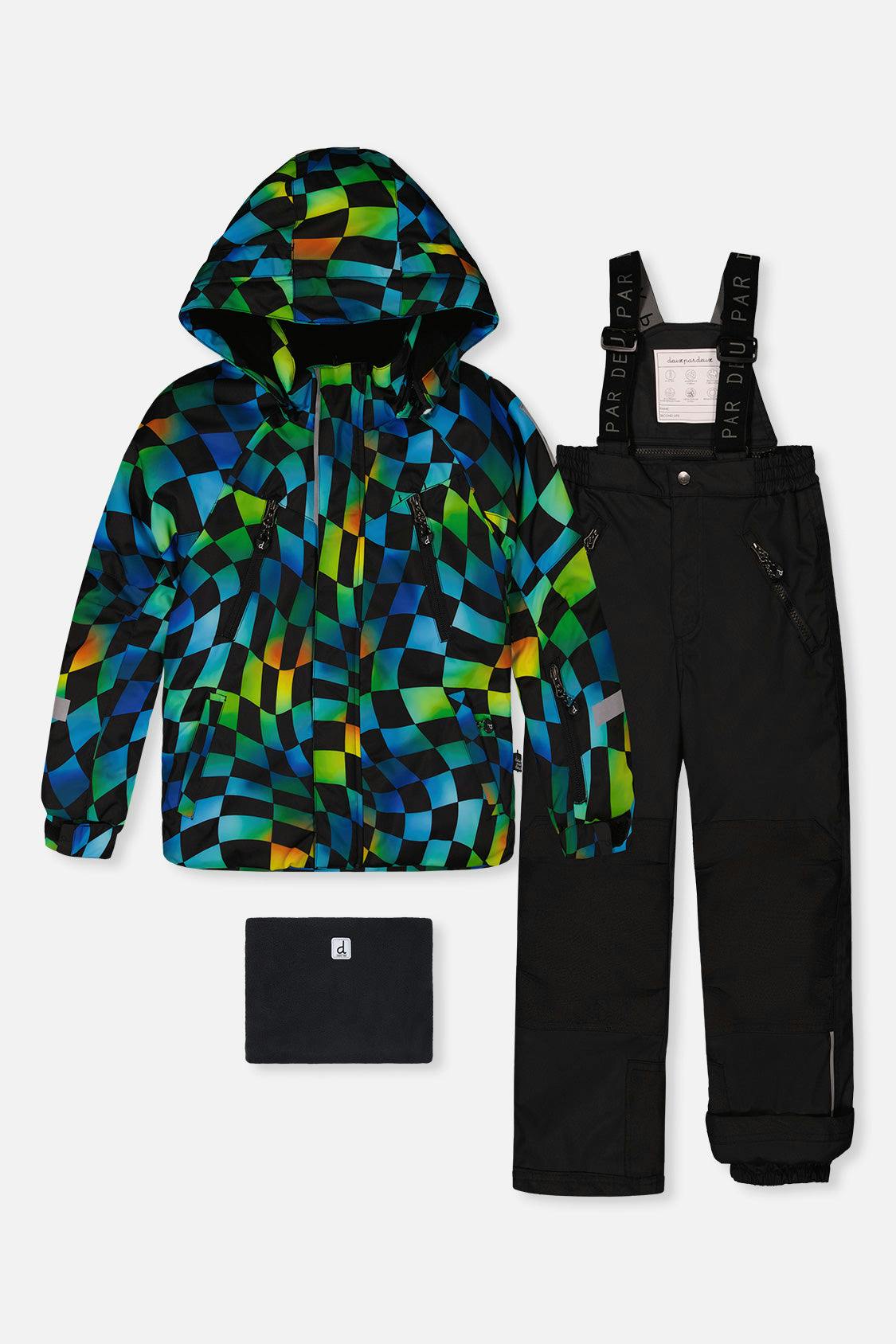 Two Piece Play Snowsuit Green Yellow And Blue Checkerboard With Black Pants