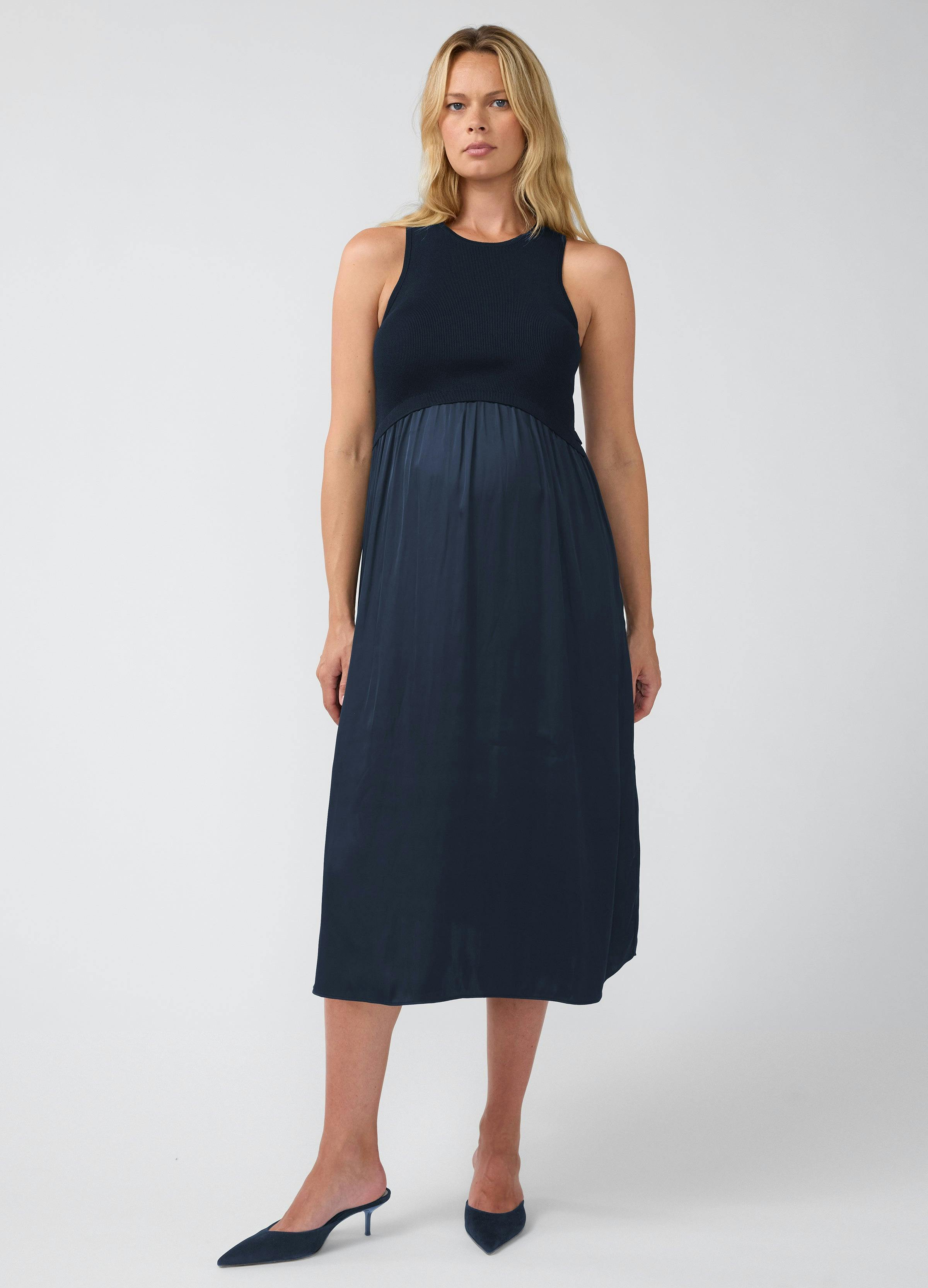 Sleeveless Mix Media Maternity Midi Dress