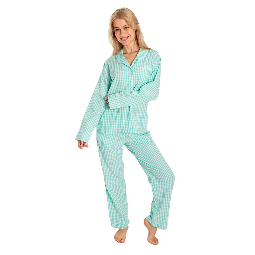 Women's Hepburn Gingham Mint Long PJ Set - Organic Cotton Poplin