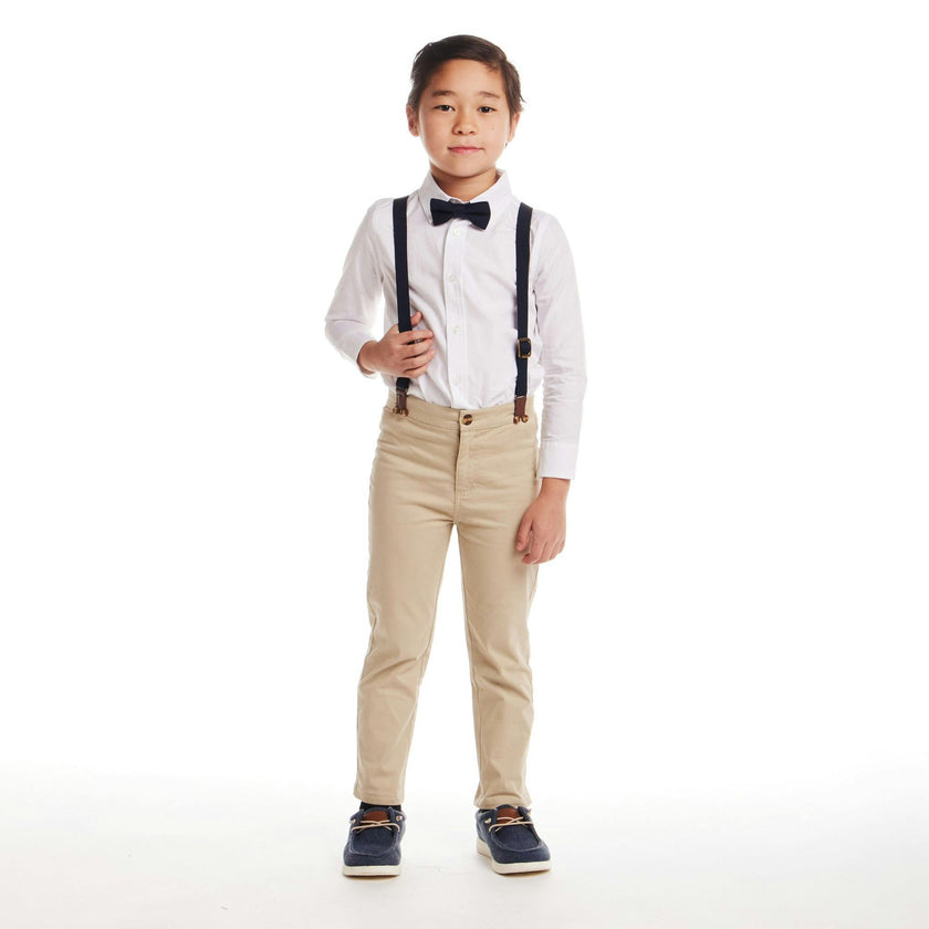 Kids White Buttondown Bowtie and Suspenders Set
