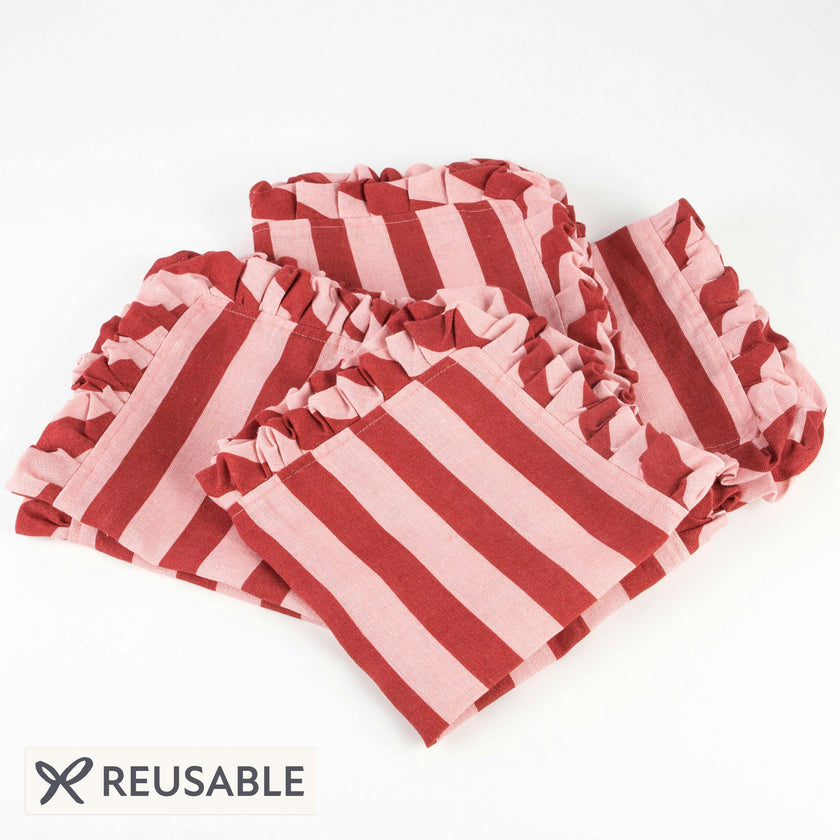 Red & Pink Stripe Ruffle Fabric Napkins