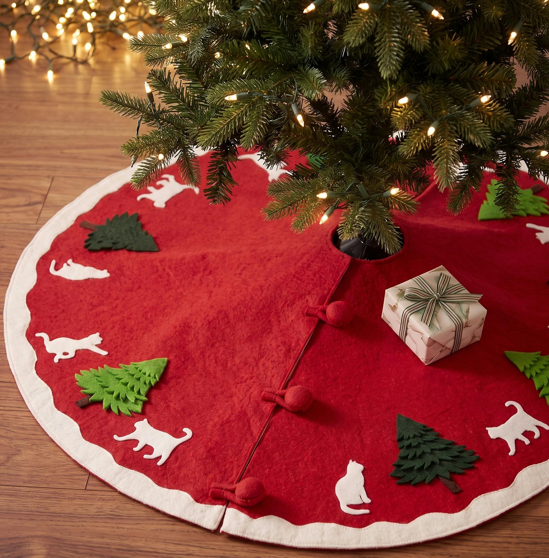 Cats and Green Trees Hand-Felted Christmas Tree Skirt - 60