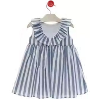 Girls' Blue and White Nautical Stripe Ruffle Dress, Blue