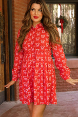 Bowie Long Sleeve Dress in Poinsettia Candy Canes