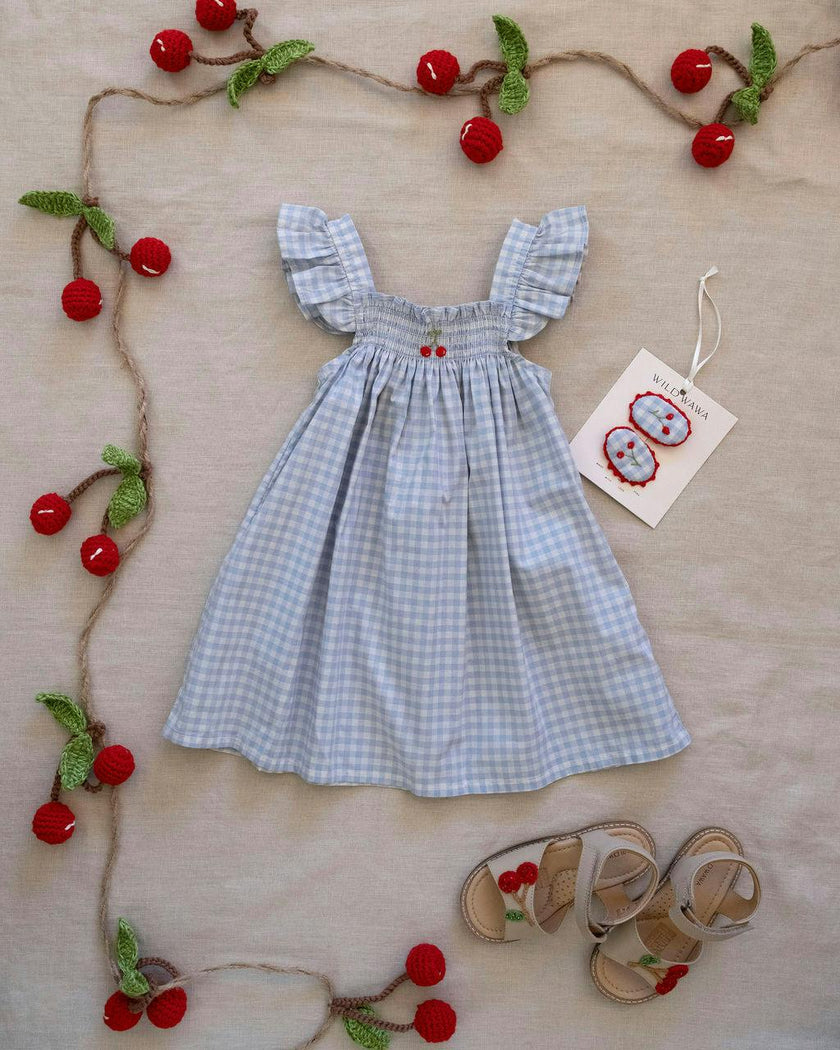 Smock Flutter Dress in Blue Gingham/Cherry