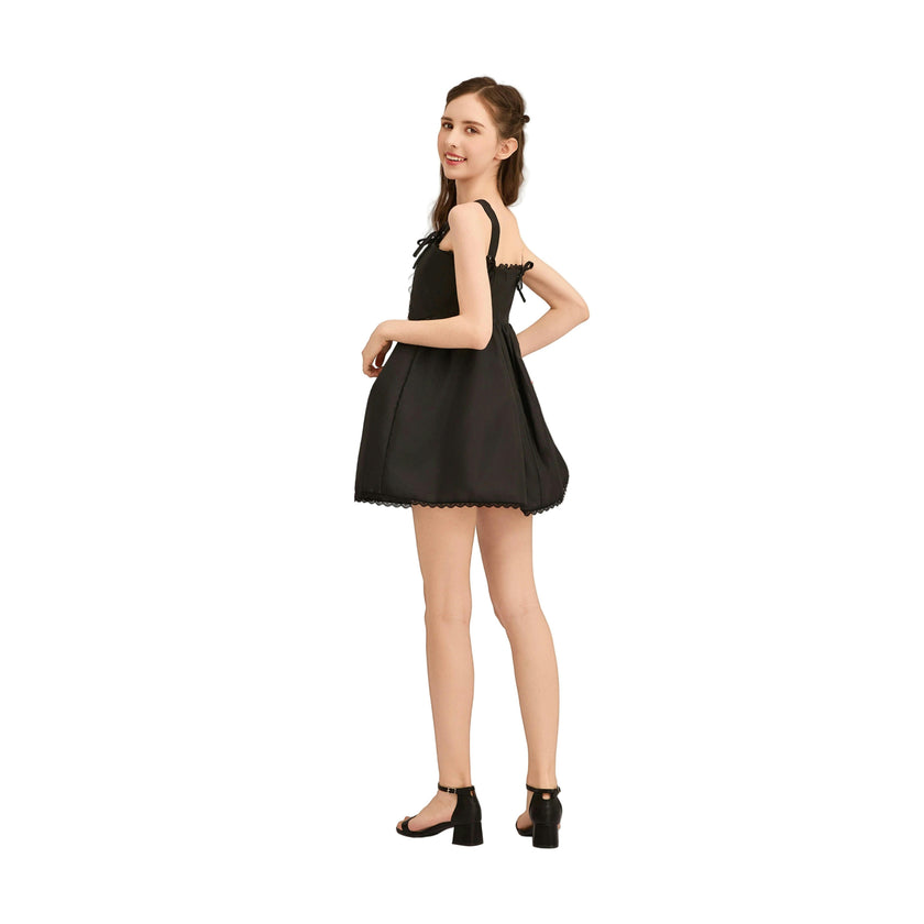 Black Belgata Lace Trim Flared Dress