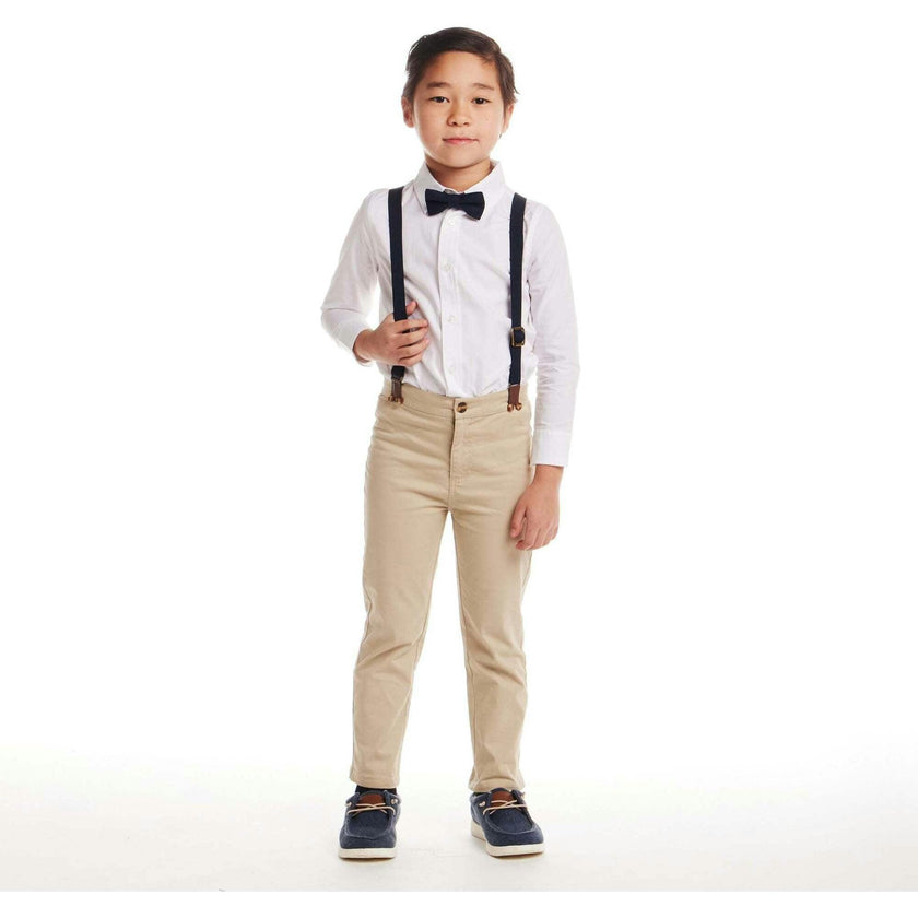 Kids White Buttondown Bowtie and Suspenders Set