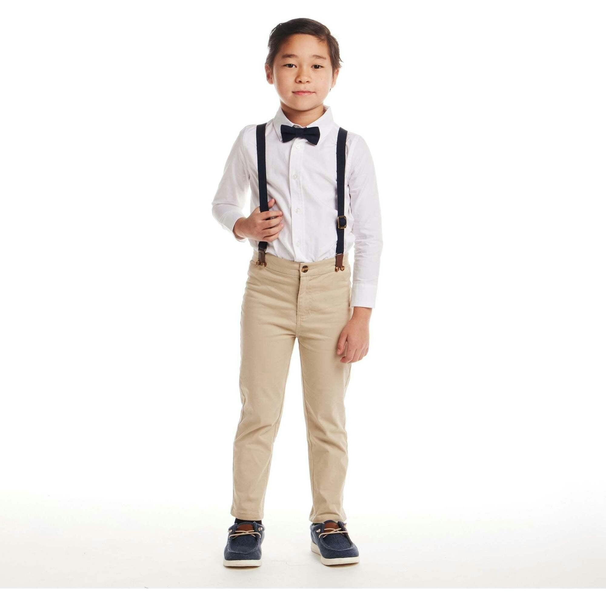Kids White Buttondown Bowtie and Suspenders Set