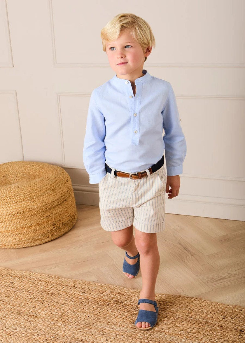 Mao Collar Linen Blend Shirt in Blue (18mths- 10yrs)