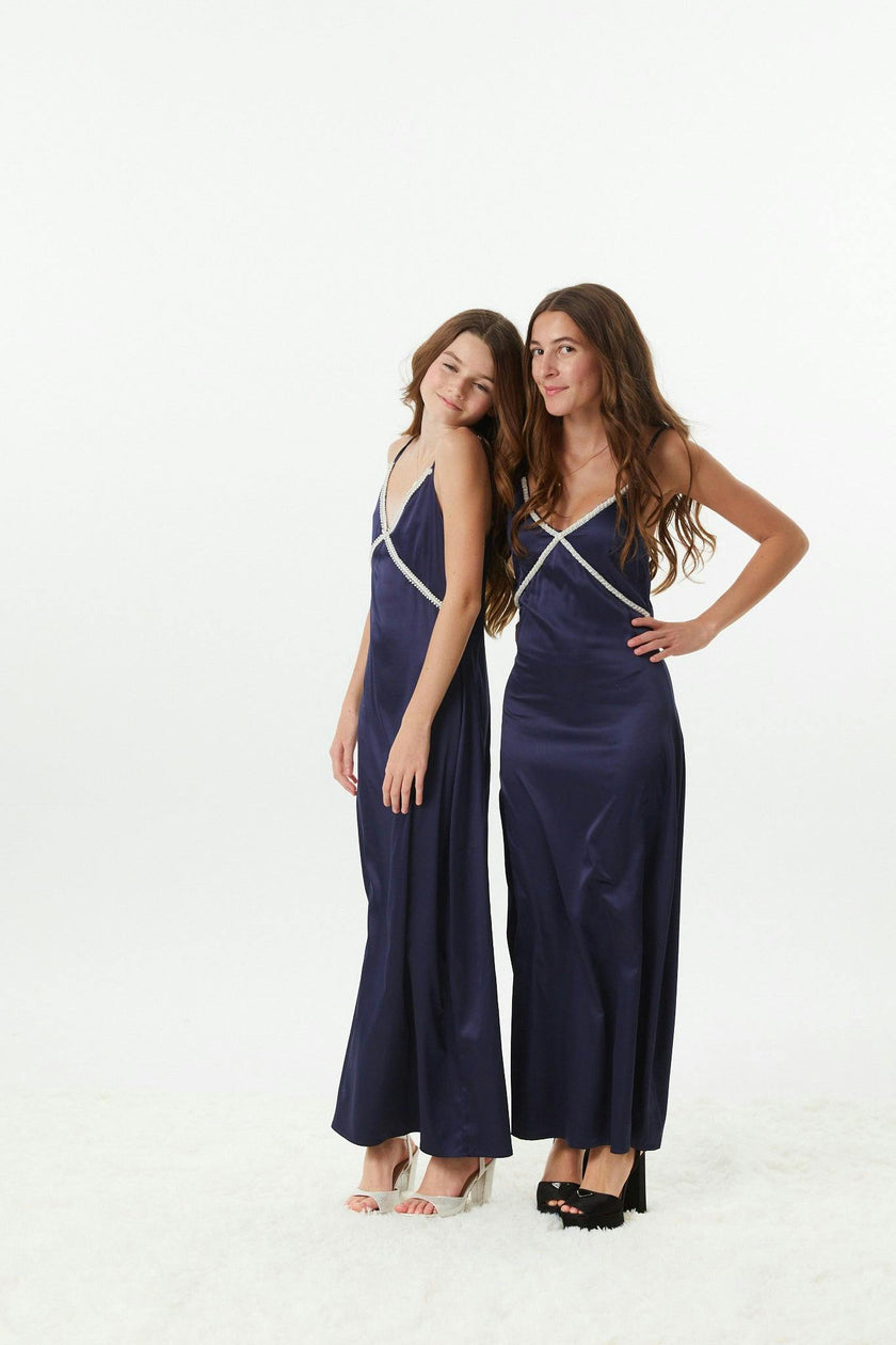Miller Navy Satin Maxi Dress With Lace Trim
