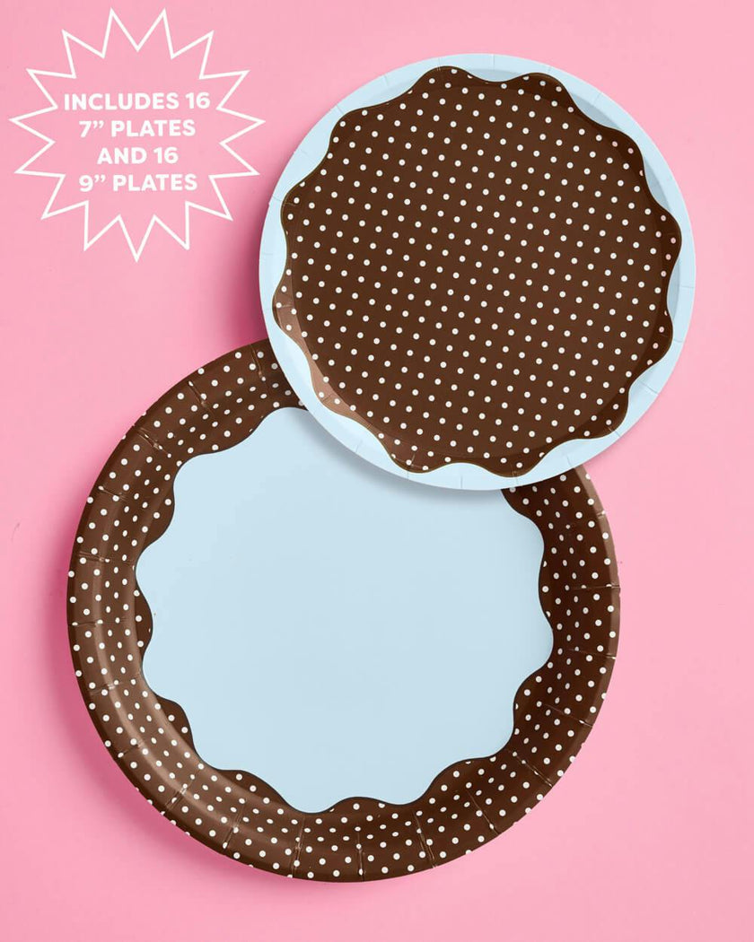 Brown + Blue Plates - 32 paper plates, 2 sizes