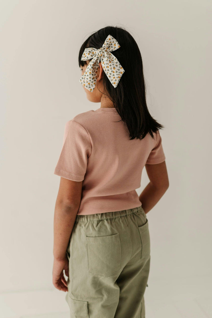Girls Ribbed Short Sleeve Tee in Rose Cloud Bows