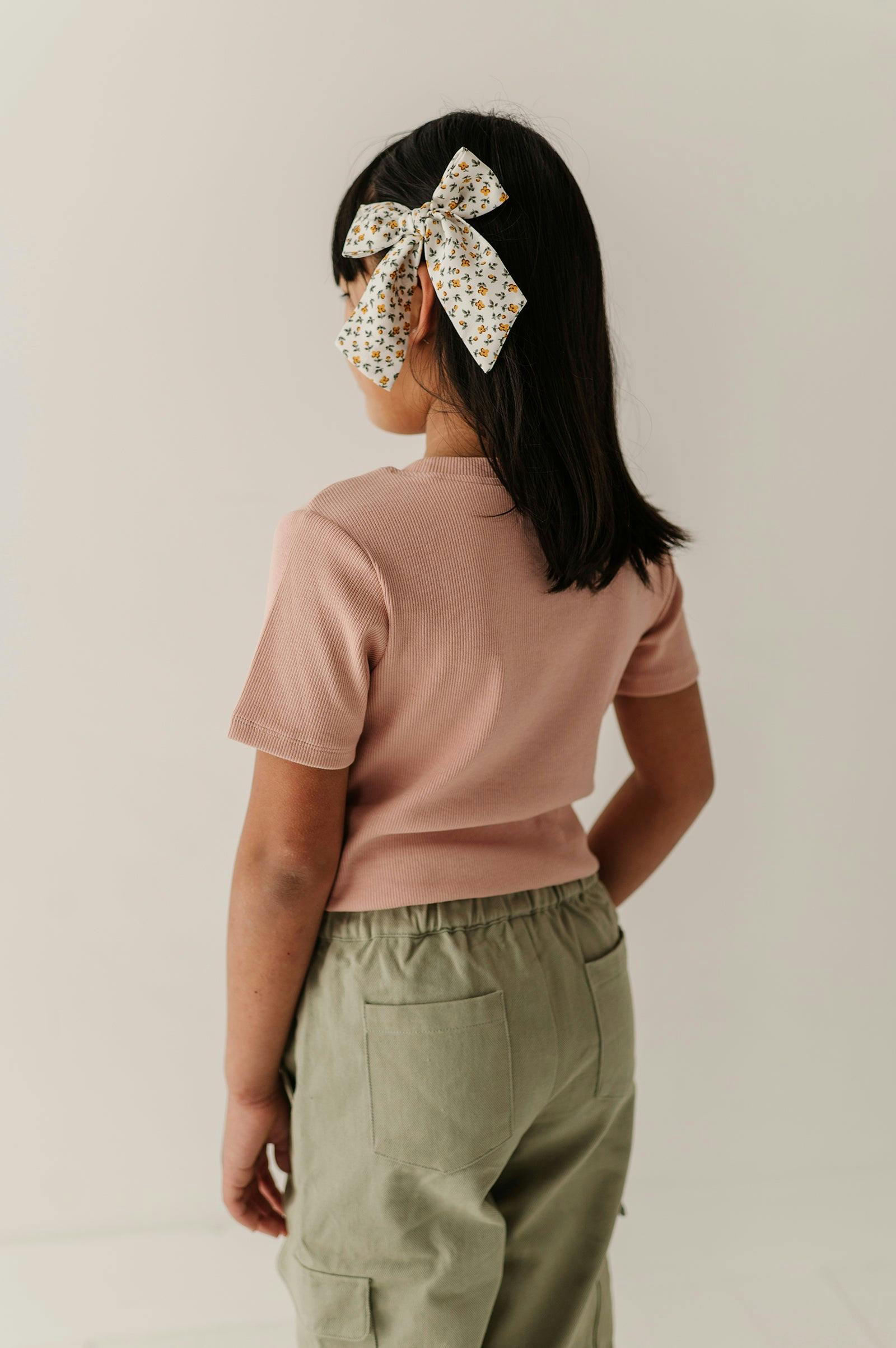 Girls Ribbed Short Sleeve Tee in Rose Cloud Bows