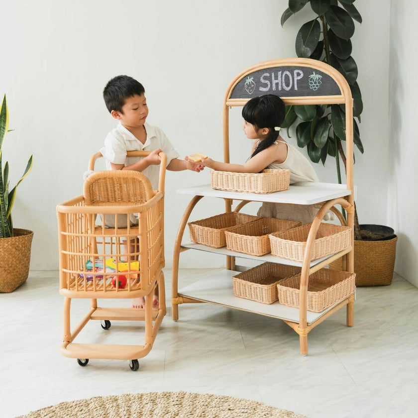 Kids Handcrafted Rattan Shopping Cart With Baby Seat - Wicker