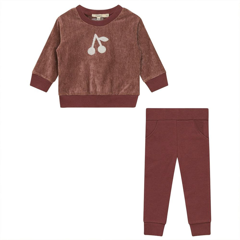 Velour Cherry Hook-stitch Ribbed Elastic Waist Top and Pants Two Piece Set