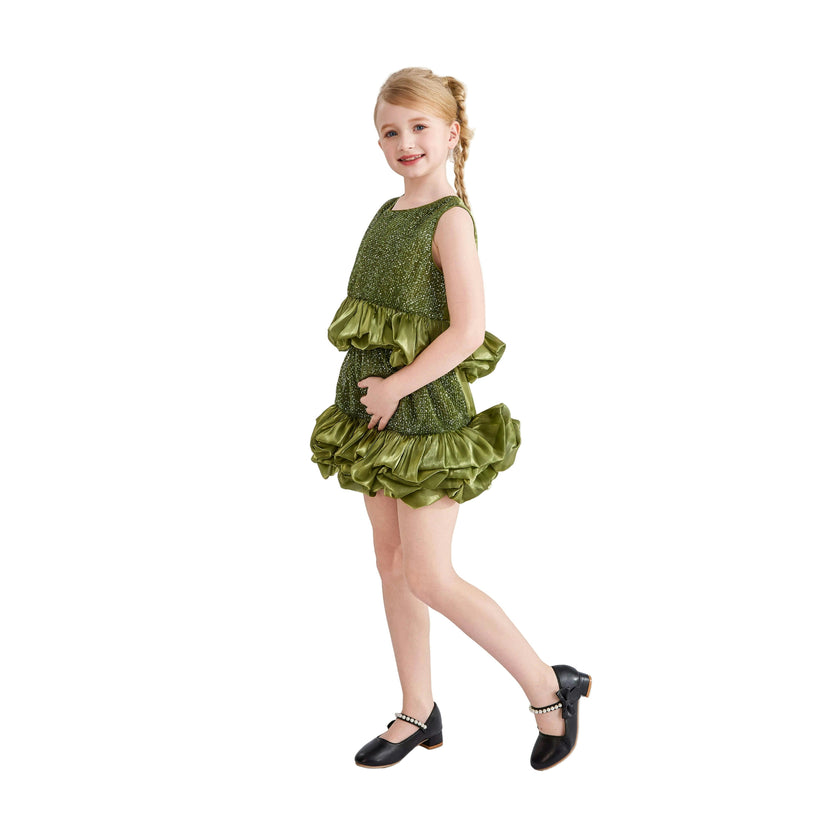 Green Evadelle Satin Ruffle Skirt Set