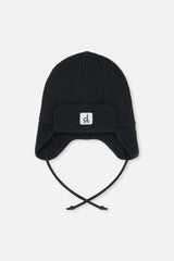 Baby Winter Knit Hat With Ear Flaps And Strings Noir