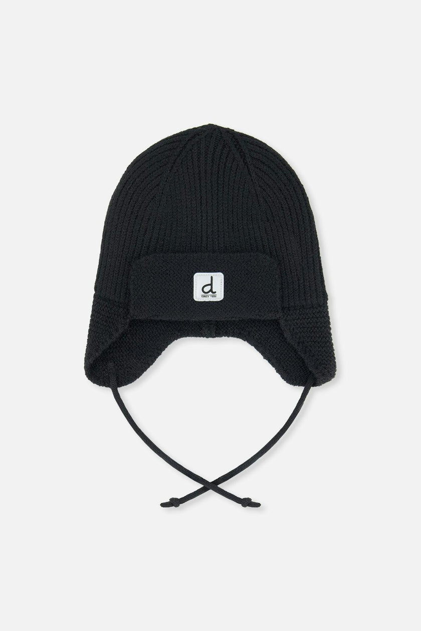 Baby Winter Knit Hat With Ear Flaps And Strings Noir