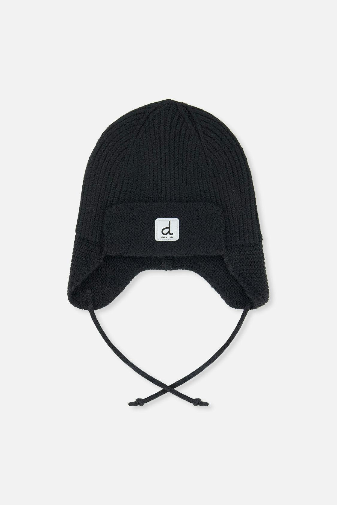Baby Winter Knit Hat With Ear Flaps And Strings Noir