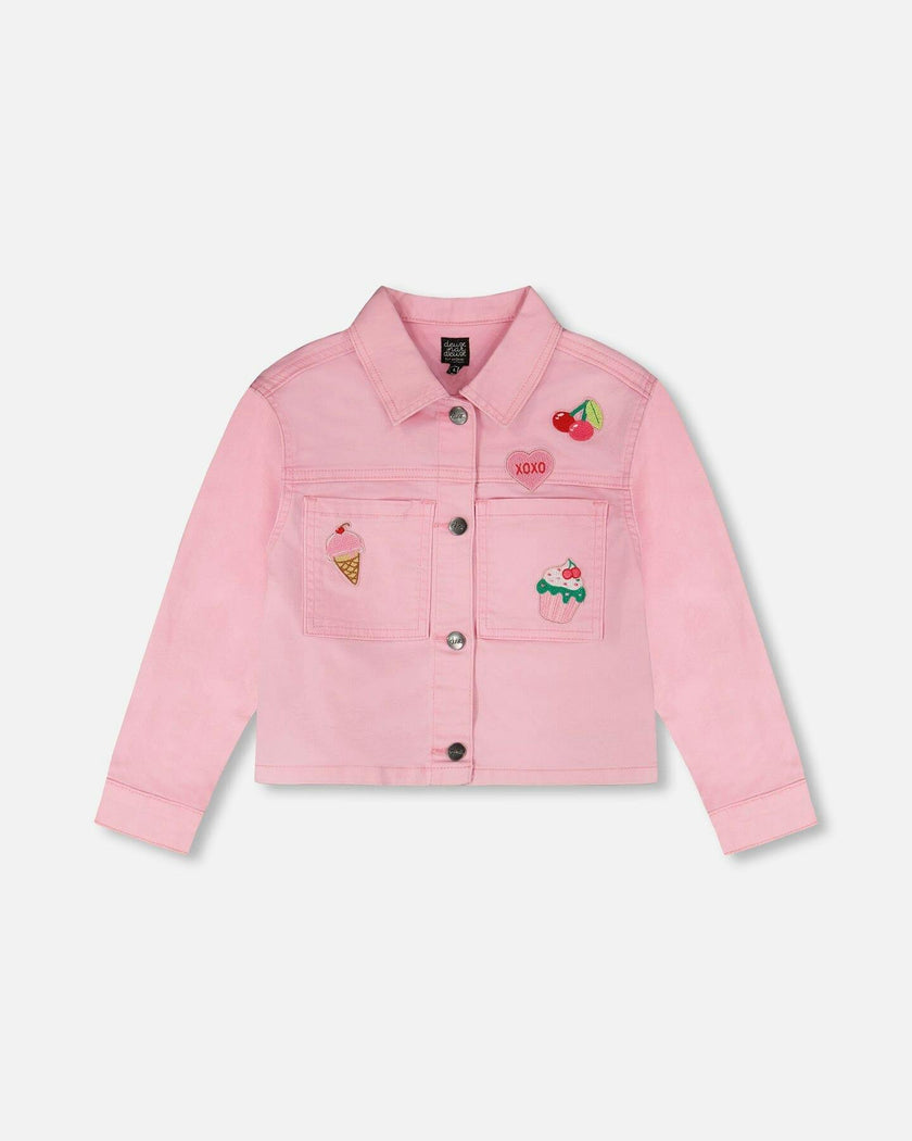 Pink Denim Jacket With Embroidered Patches