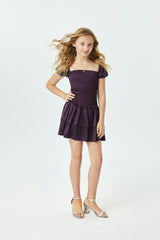 Lexi Aubergine Satin Smocked Short Sleeve Ruffle Dress
