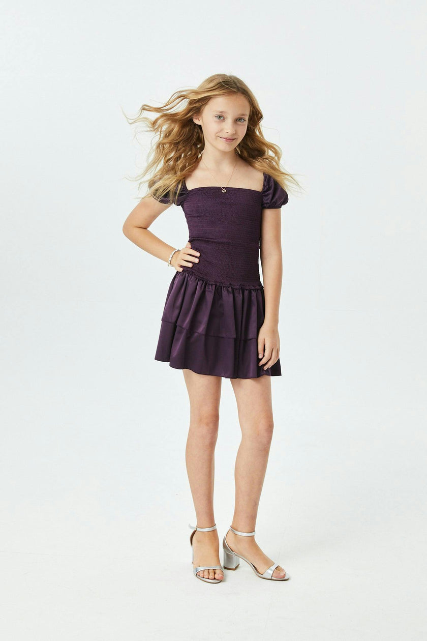 Lexi Aubergine Satin Smocked Short Sleeve Ruffle Dress