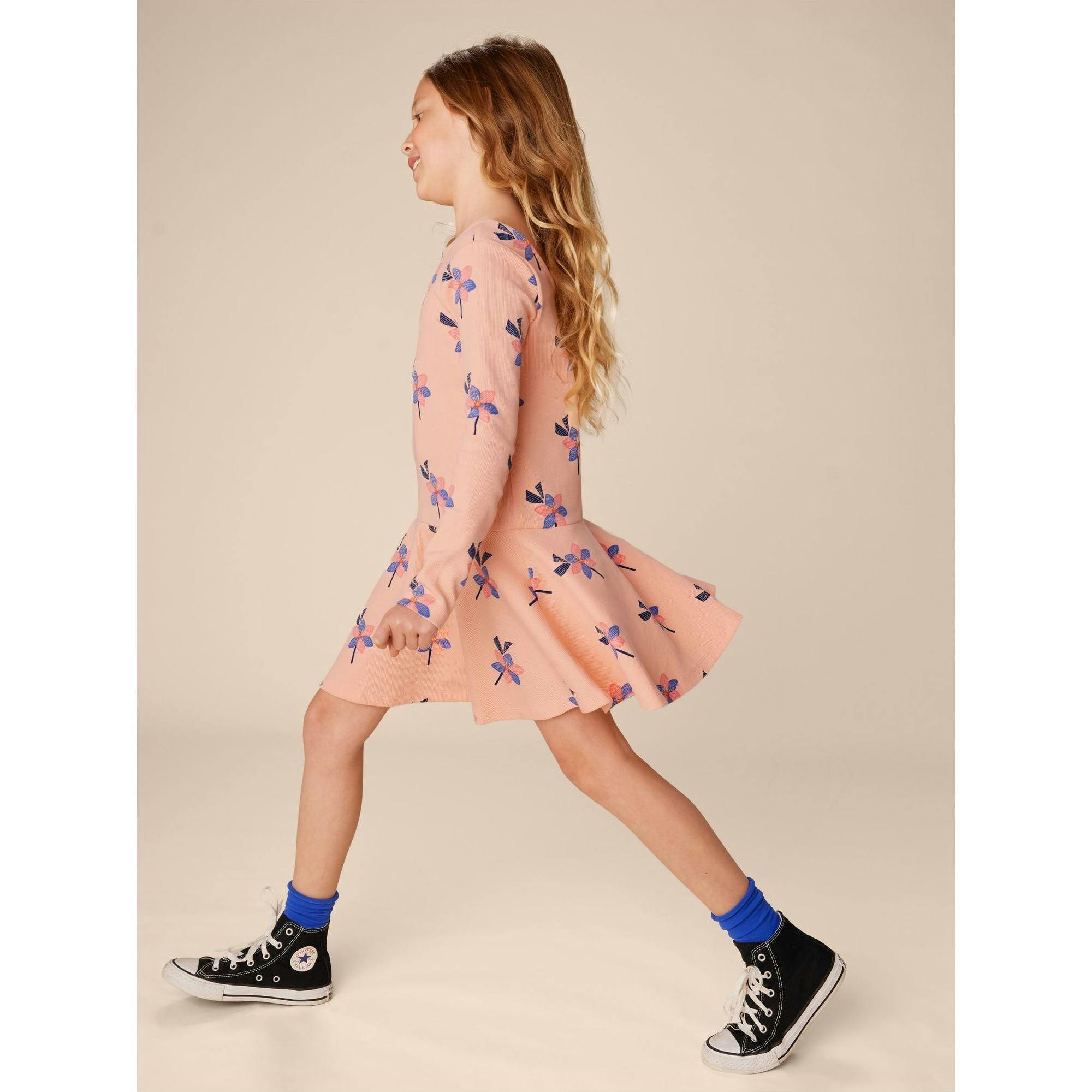 Floral Print Ribbed Drop Waist Skater Dress, Yellow
