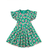 Flutter Sleeve Twirl Dress, Green