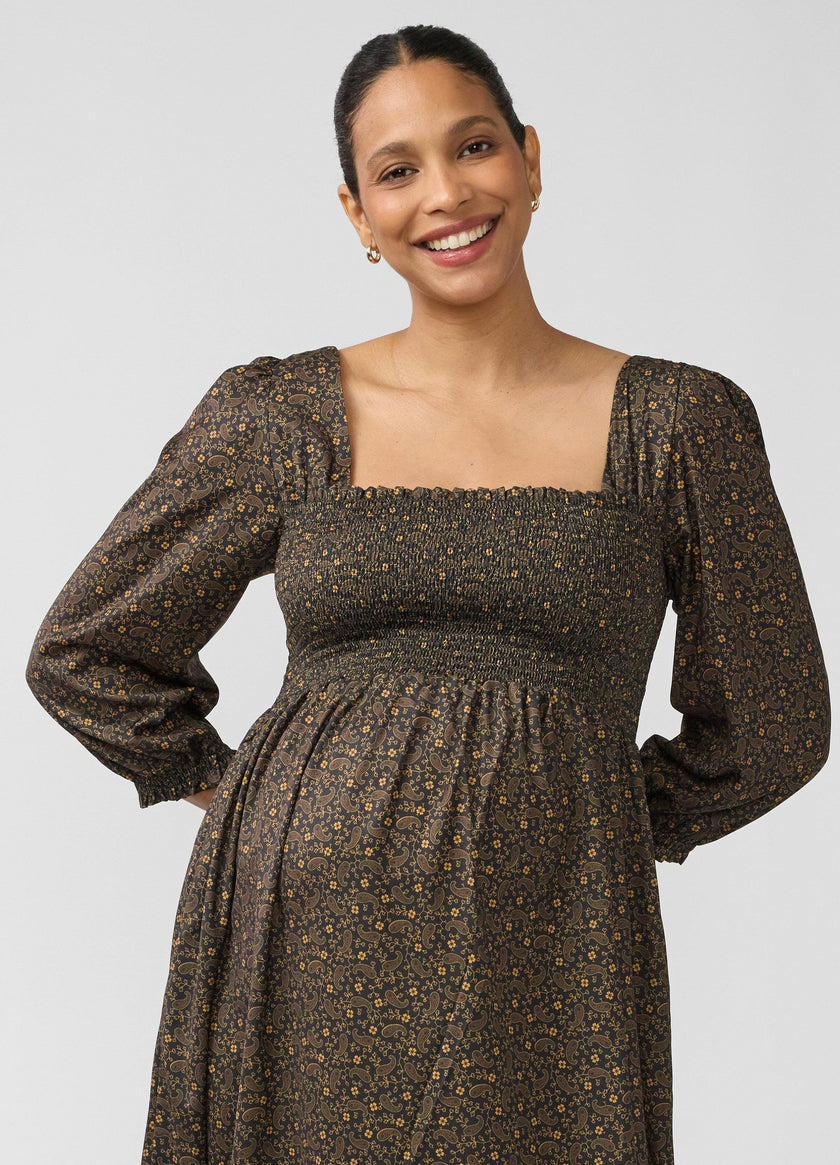 Smocked Sateen Maternity and Nursing Midi Dress