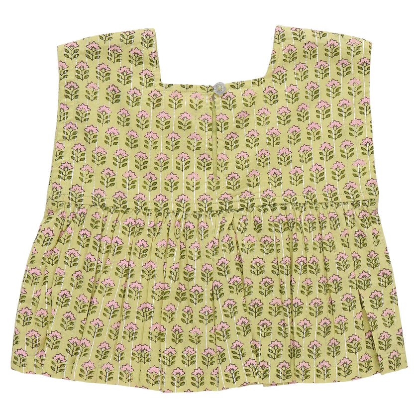 Girls Kamari Top - Green Prairie Block Print