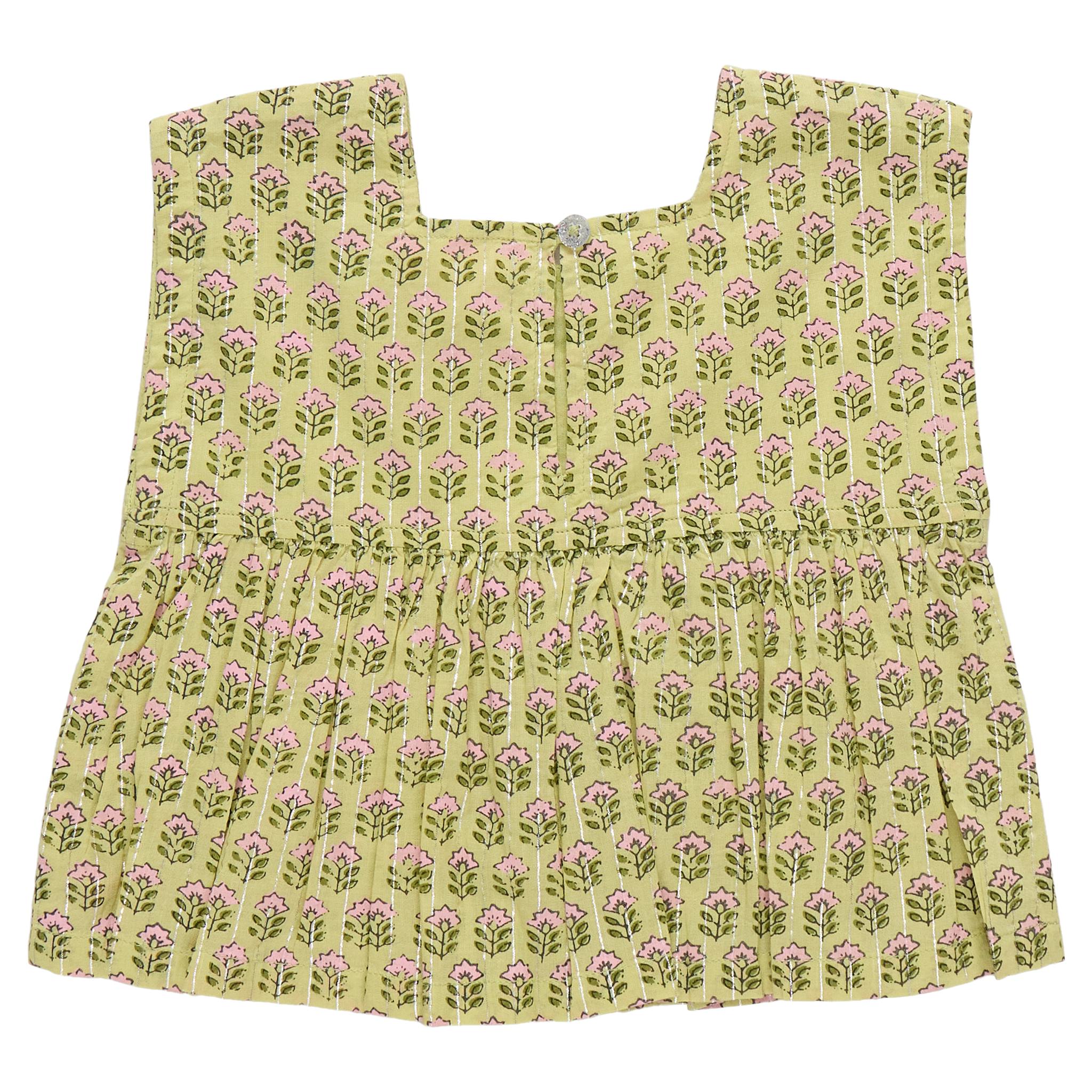 Girls Kamari Top - Green Prairie Block Print