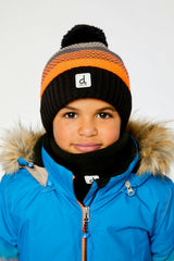 Winter Knit Hat with Pompom Grey and Orange Stripes