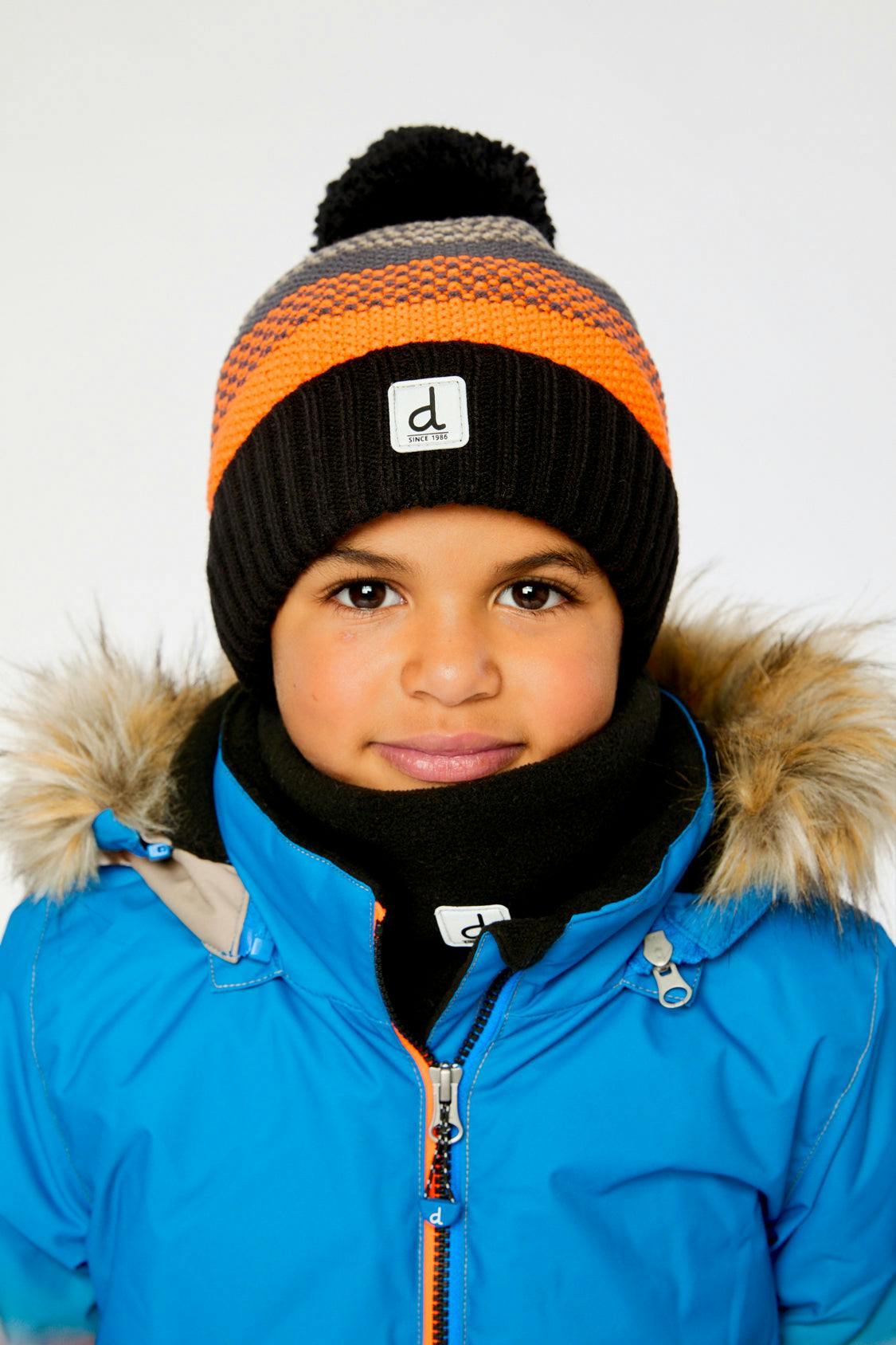 Winter Knit Hat with Pompom Grey and Orange Stripes