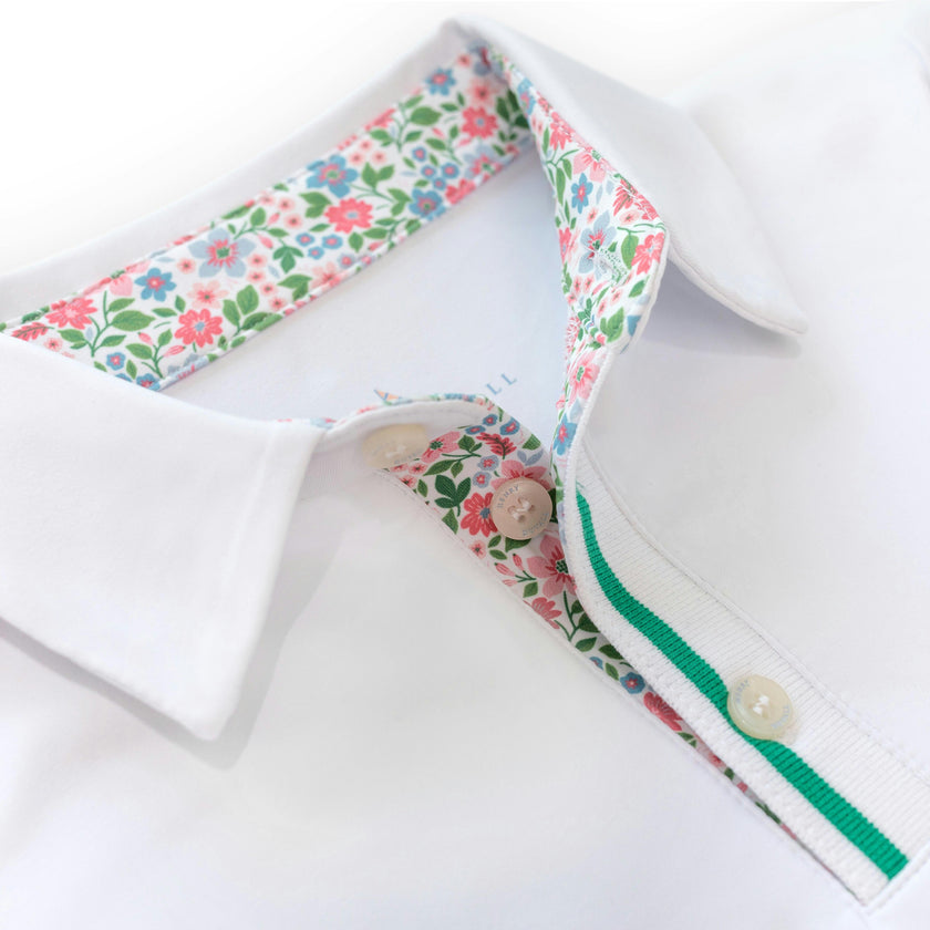 Henley Polo in Classic White with Midspring Floral Trim